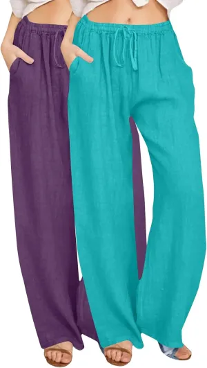 2PC Women's Casual Linen Pant Summer Drawstring Straight Slacks Elastic Waist Leg Palazzo Flowy Wide Leg Pants