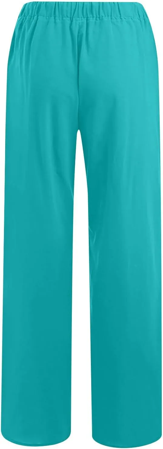2PC Women's Casual Linen Pant Summer Drawstring Straight Slacks Elastic Waist Leg Palazzo Flowy Wide Leg Pants