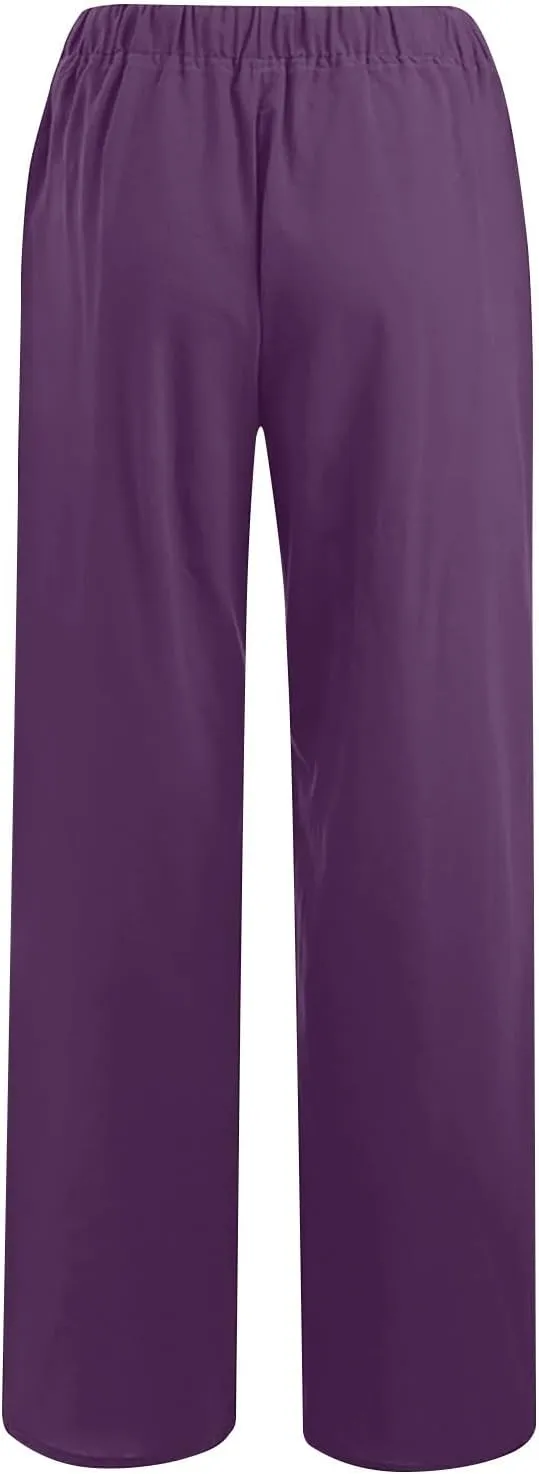 2PC Women's Casual Linen Pant Summer Drawstring Straight Slacks Elastic Waist Leg Palazzo Flowy Wide Leg Pants