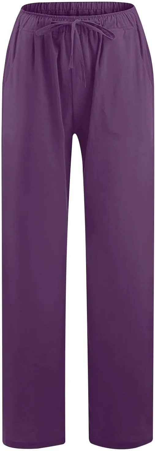 2PC Women's Casual Linen Pant Summer Drawstring Straight Slacks Elastic Waist Leg Palazzo Flowy Wide Leg Pants