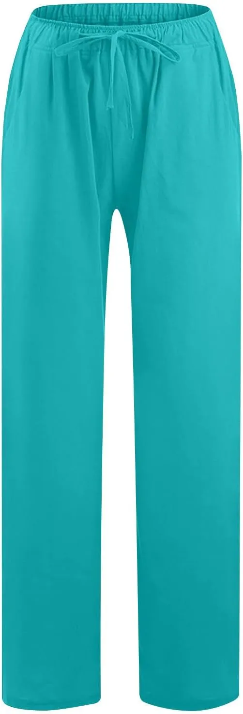 2PC Women's Casual Linen Pant Summer Drawstring Straight Slacks Elastic Waist Leg Palazzo Flowy Wide Leg Pants