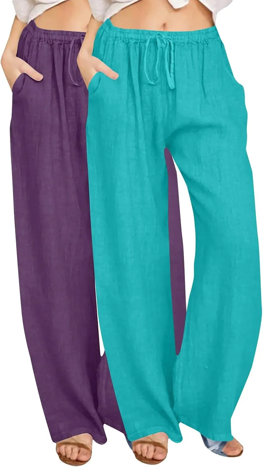 2PC Women's Casual Linen Pant Summer Drawstring Straight Slacks Elastic Waist Leg Palazzo Flowy Wide Leg Pants
