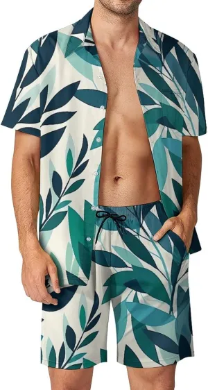 A Lot of Leaves Mens Swimsuit 2 Pieces Set Quick Dry Shorts Shirts Summer Button Down Short Sleeve Set
