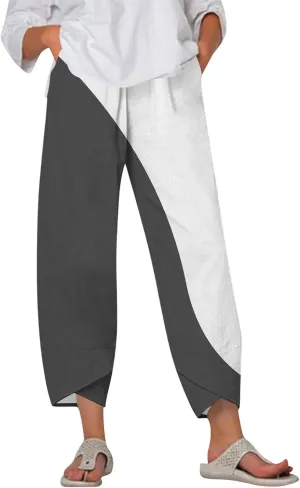 ADHOWBEW Capri Pants for Women Drawstring Lounge Casual Flowy Wide Leg High Waist Cotton Trendy Dressy Trousers with Pockets