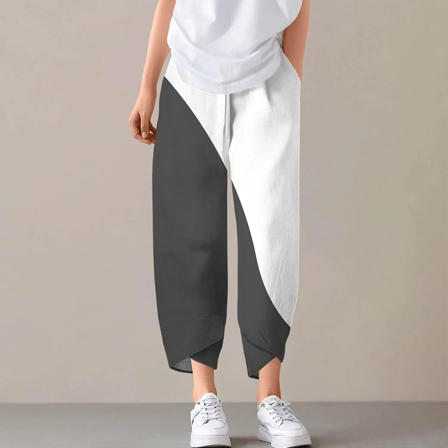 ADHOWBEW Capri Pants for Women Drawstring Lounge Casual Flowy Wide Leg High Waist Cotton Trendy Dressy Trousers with Pockets