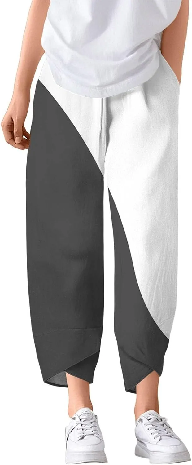 ADHOWBEW Capri Pants for Women Drawstring Lounge Casual Flowy Wide Leg High Waist Cotton Trendy Dressy Trousers with Pockets