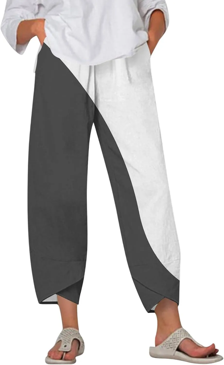 ADHOWBEW Capri Pants for Women Drawstring Lounge Casual Flowy Wide Leg High Waist Cotton Trendy Dressy Trousers with Pockets