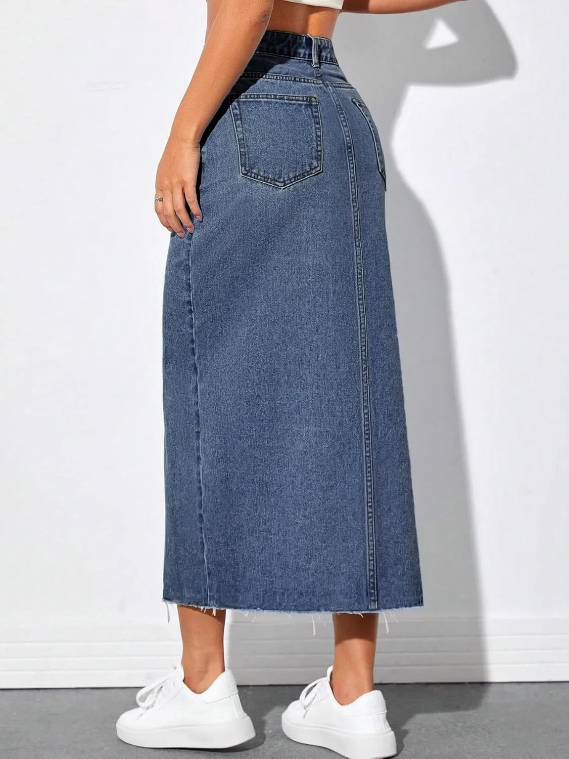 AiMgFUN Jean Skirt for Women Denim Skirt with Pockets Mid Waist Long Split Skirts