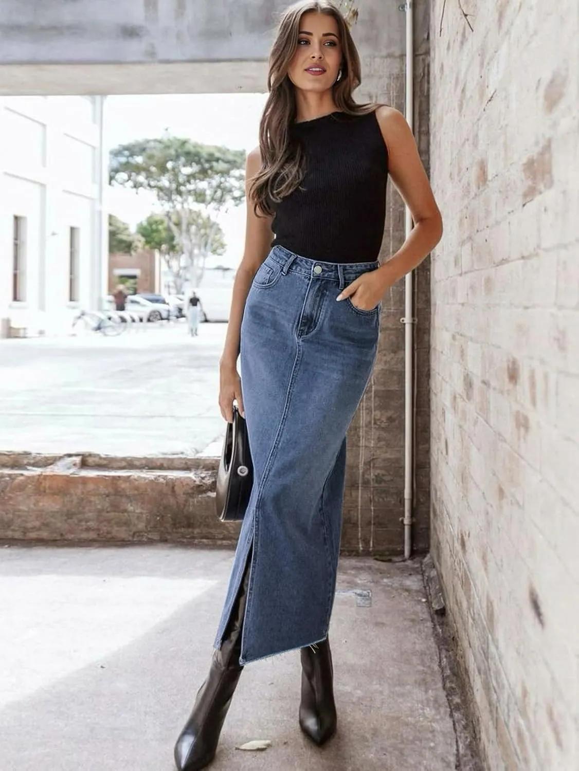 AiMgFUN Jean Skirt for Women Denim Skirt with Pockets Mid Waist Long Split Skirts