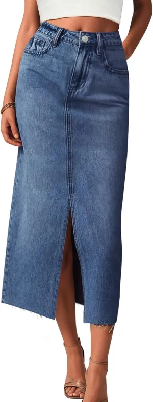 AiMgFUN Jean Skirt for Women Denim Skirt with Pockets Mid Waist Long Split Skirts