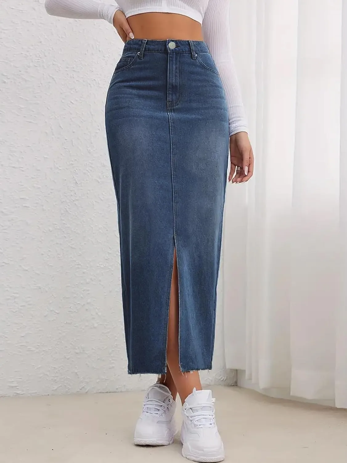 AiMgFUN Jean Skirt for Women Denim Skirt with Pockets Mid Waist Long Split Skirts