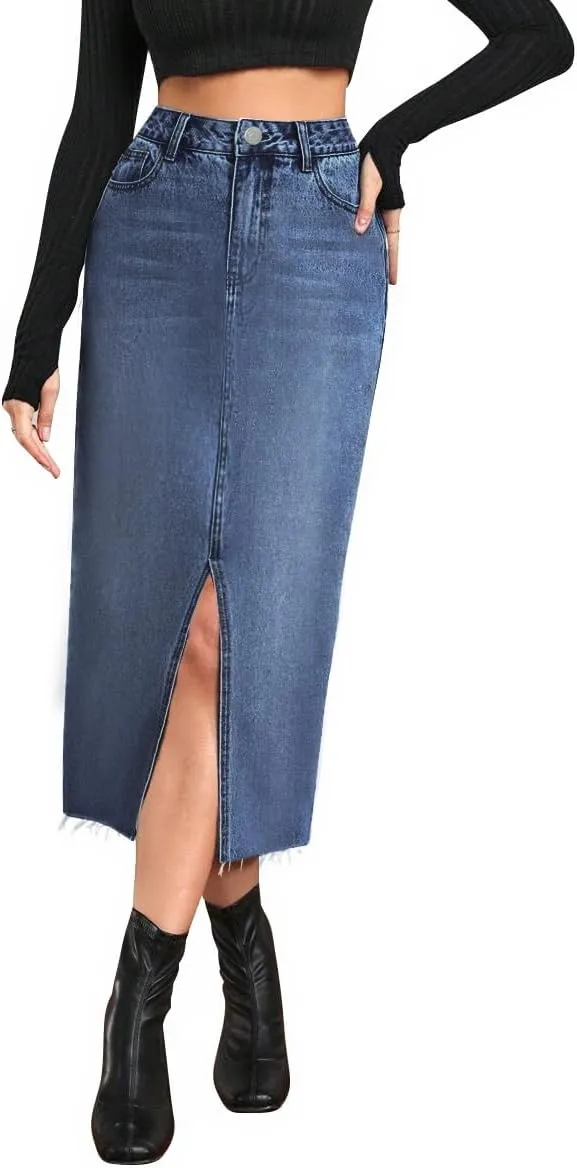 AiMgFUN Jean Skirt for Women Denim Skirt with Pockets Mid Waist Long Split Skirts