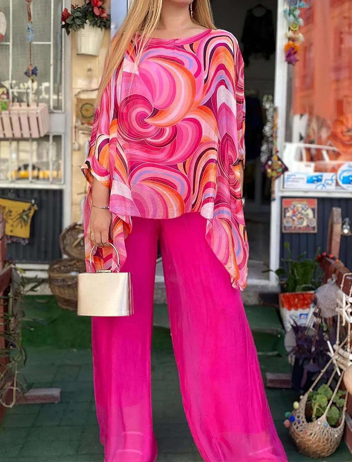 Akivide Women's Colorful Oil Painting Chiffon 2 Piece Set Summer Wedding Guest Wide Leg Pantsuits Cocktail Party Outfits