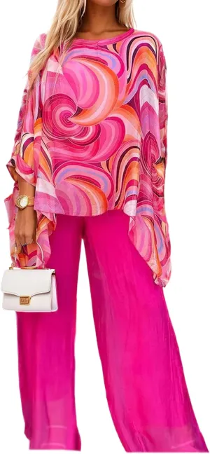 Akivide Women's Colorful Oil Painting Chiffon 2 Piece Set Summer Wedding Guest Wide Leg Pantsuits Cocktail Party Outfits