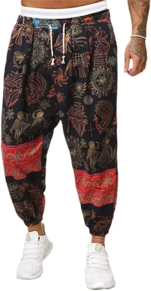 Alloaone Men Print Harem Pants Cool Street Elastic Waist Pants Jogger Sweatpants Style Loose Trousers