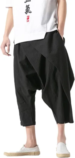 Alloaone Men Streetwear Harem Pants Joggers Retro Baggy Trousers Linen Chinese Style Cropped Pants