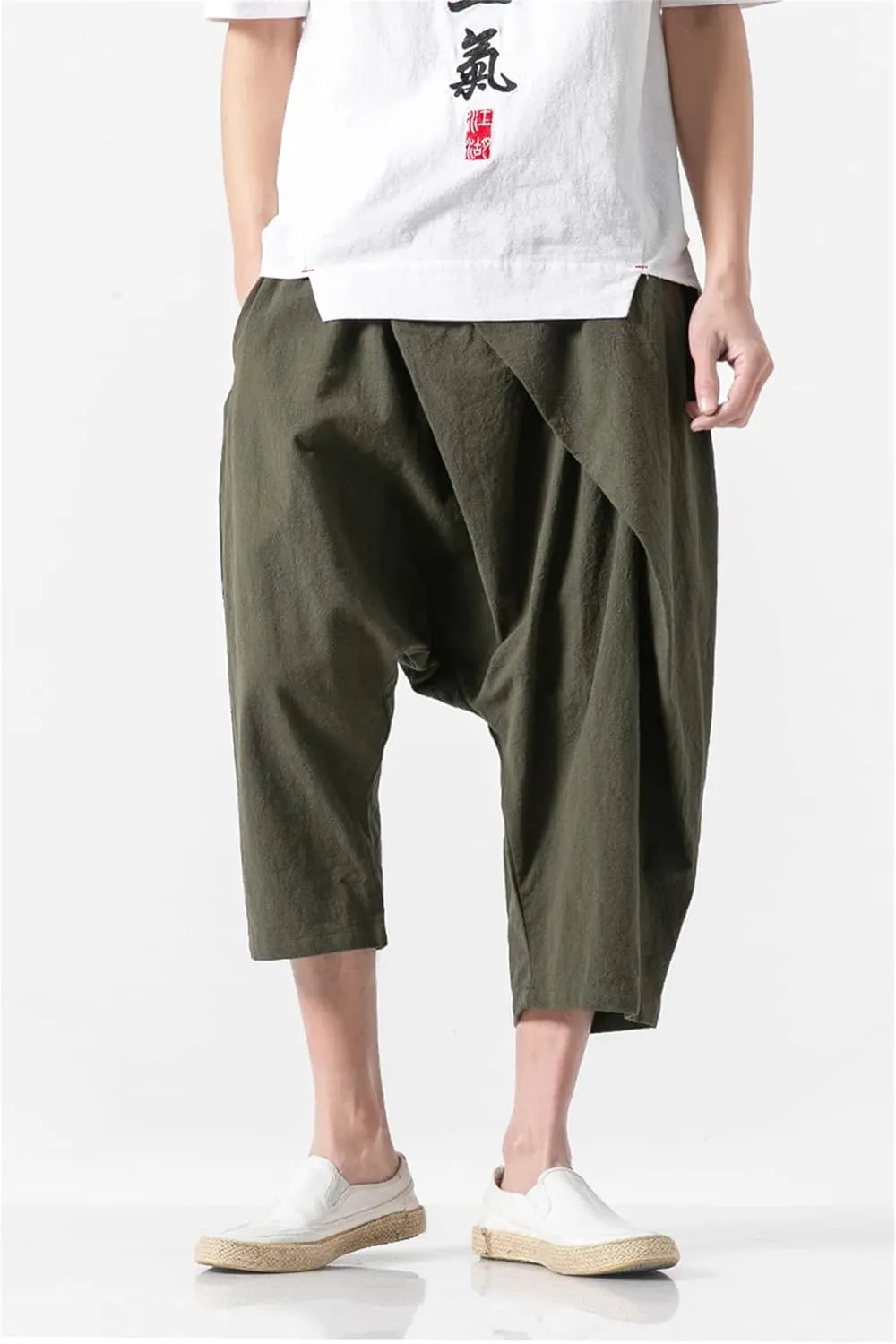 Alloaone Men Streetwear Harem Pants Joggers Retro Baggy Trousers Linen Chinese Style Cropped Pants