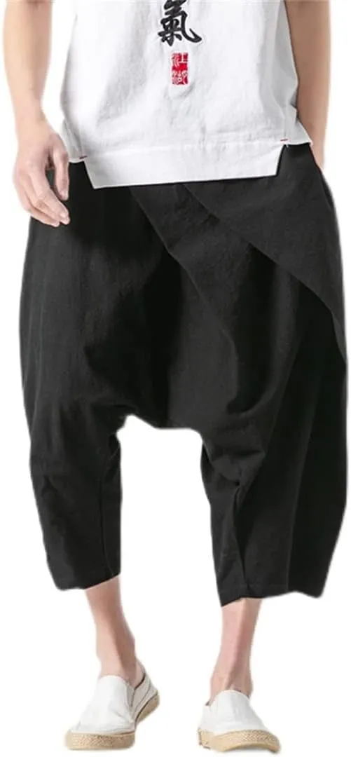 Alloaone Men Streetwear Harem Pants Joggers Retro Baggy Trousers Linen Chinese Style Cropped Pants