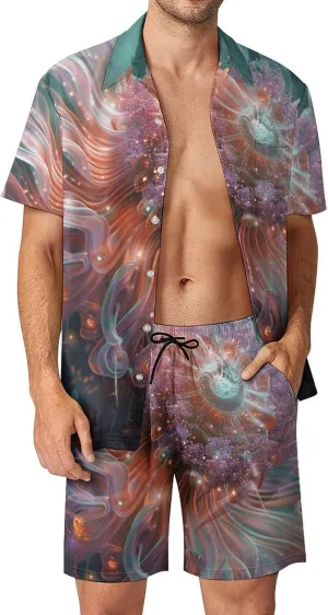 Anemone in The Ocean Mens Swimsuit 2 Pieces Set Quick Dry Shorts Shirts Summer Button Down Short Sleeve Set