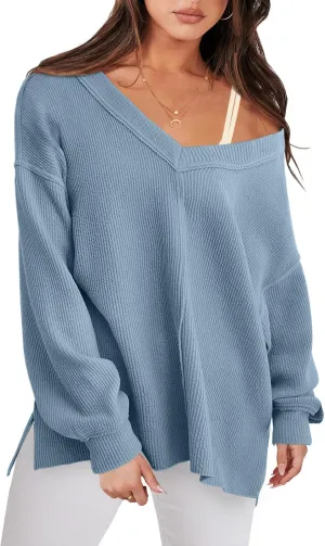 ANRABESS Oversized Long Sleeve Shirts for Women Off the Shoulder Sweatshirt Loose V Neck Tunic Tops High Low Sweater 2024