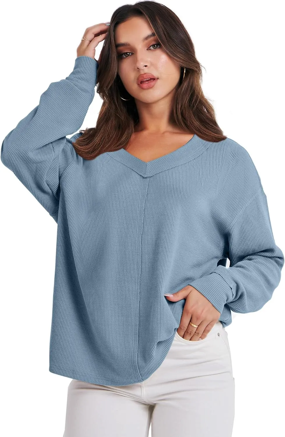 ANRABESS Oversized Long Sleeve Shirts for Women Off the Shoulder Sweatshirt Loose V Neck Tunic Tops High Low Sweater 2024