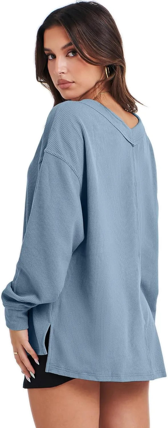 ANRABESS Oversized Long Sleeve Shirts for Women Off the Shoulder Sweatshirt Loose V Neck Tunic Tops High Low Sweater 2024