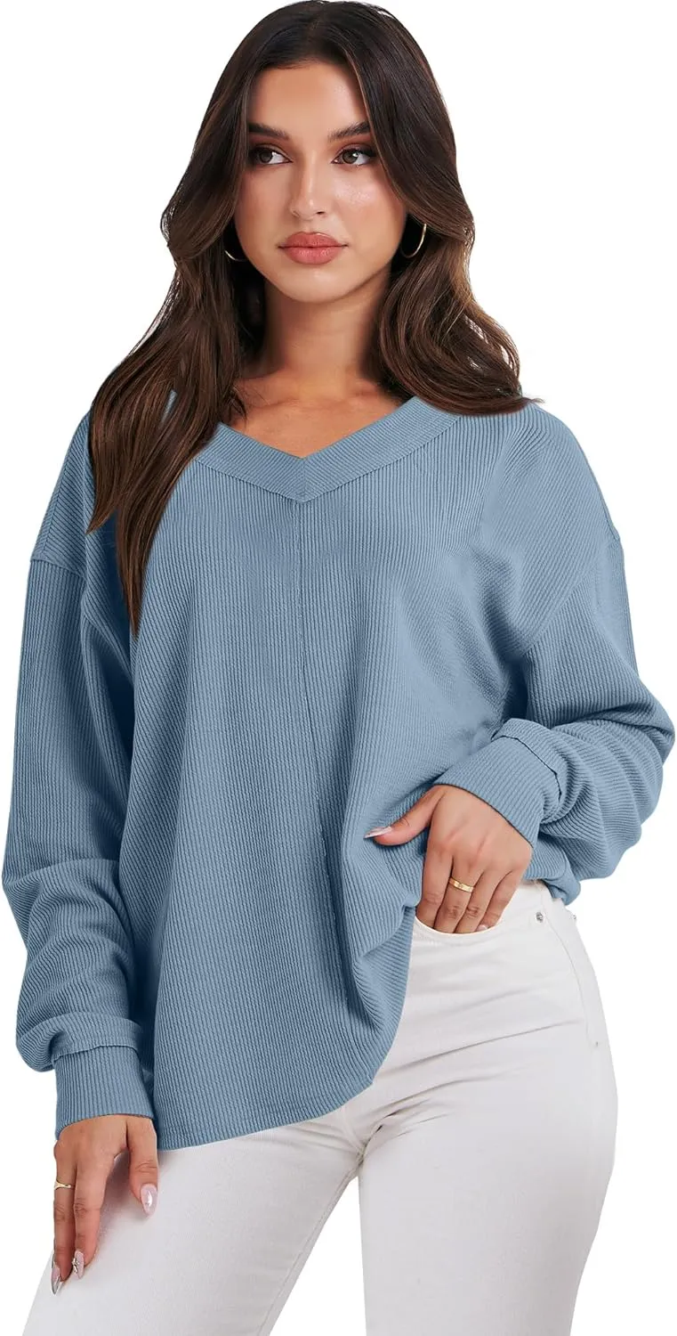 ANRABESS Oversized Long Sleeve Shirts for Women Off the Shoulder Sweatshirt Loose V Neck Tunic Tops High Low Sweater 2024