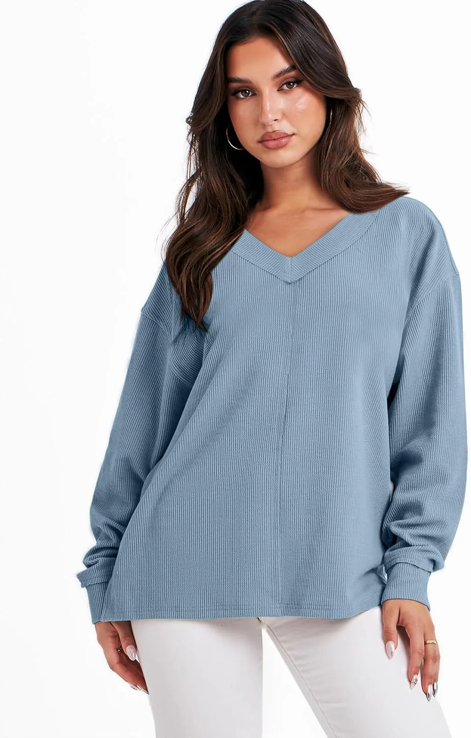 ANRABESS Oversized Long Sleeve Shirts for Women Off the Shoulder Sweatshirt Loose V Neck Tunic Tops High Low Sweater 2024