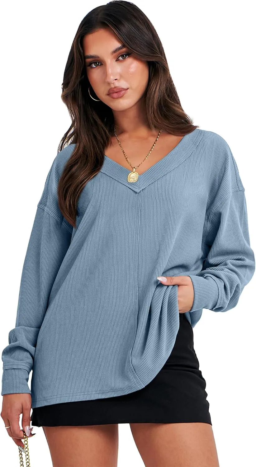 ANRABESS Oversized Long Sleeve Shirts for Women Off the Shoulder Sweatshirt Loose V Neck Tunic Tops High Low Sweater 2024