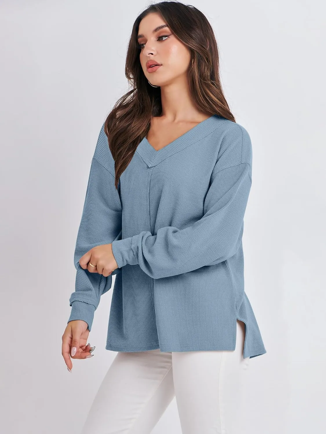ANRABESS Oversized Long Sleeve Shirts for Women Off the Shoulder Sweatshirt Loose V Neck Tunic Tops High Low Sweater 2024