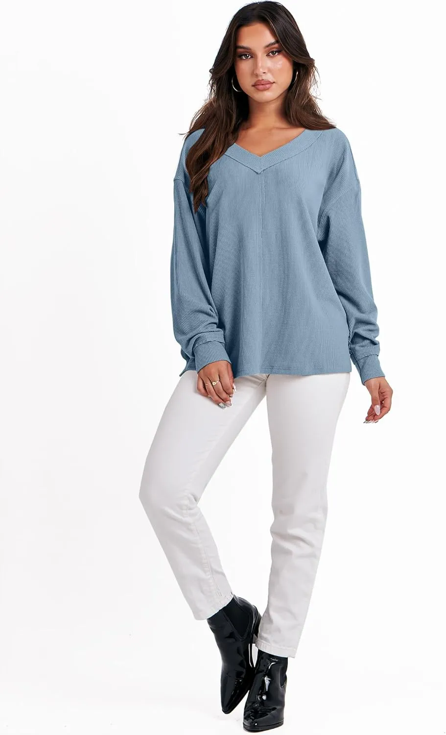 ANRABESS Oversized Long Sleeve Shirts for Women Off the Shoulder Sweatshirt Loose V Neck Tunic Tops High Low Sweater 2024