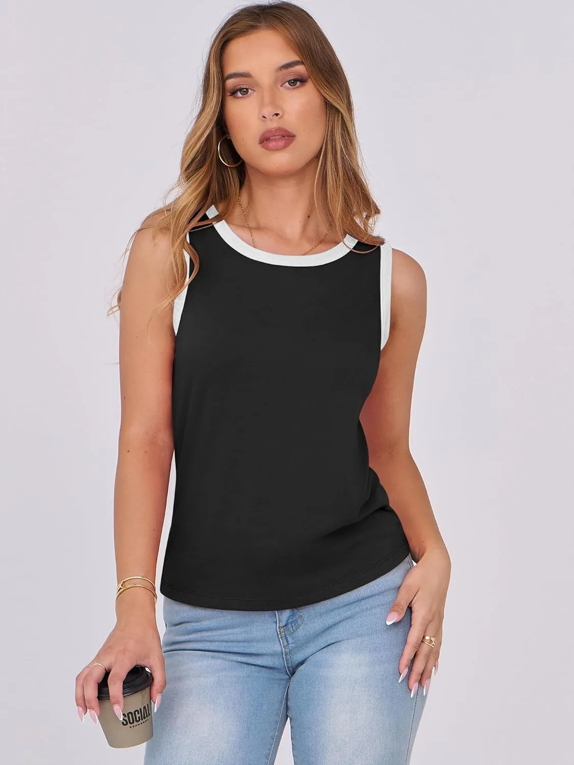 ANRABESS Tank Tops for Women 2025 Summer Casual Crew Neck Color Block Basic Sleeveless T Shirt Fashion Teen Girls Outfits
