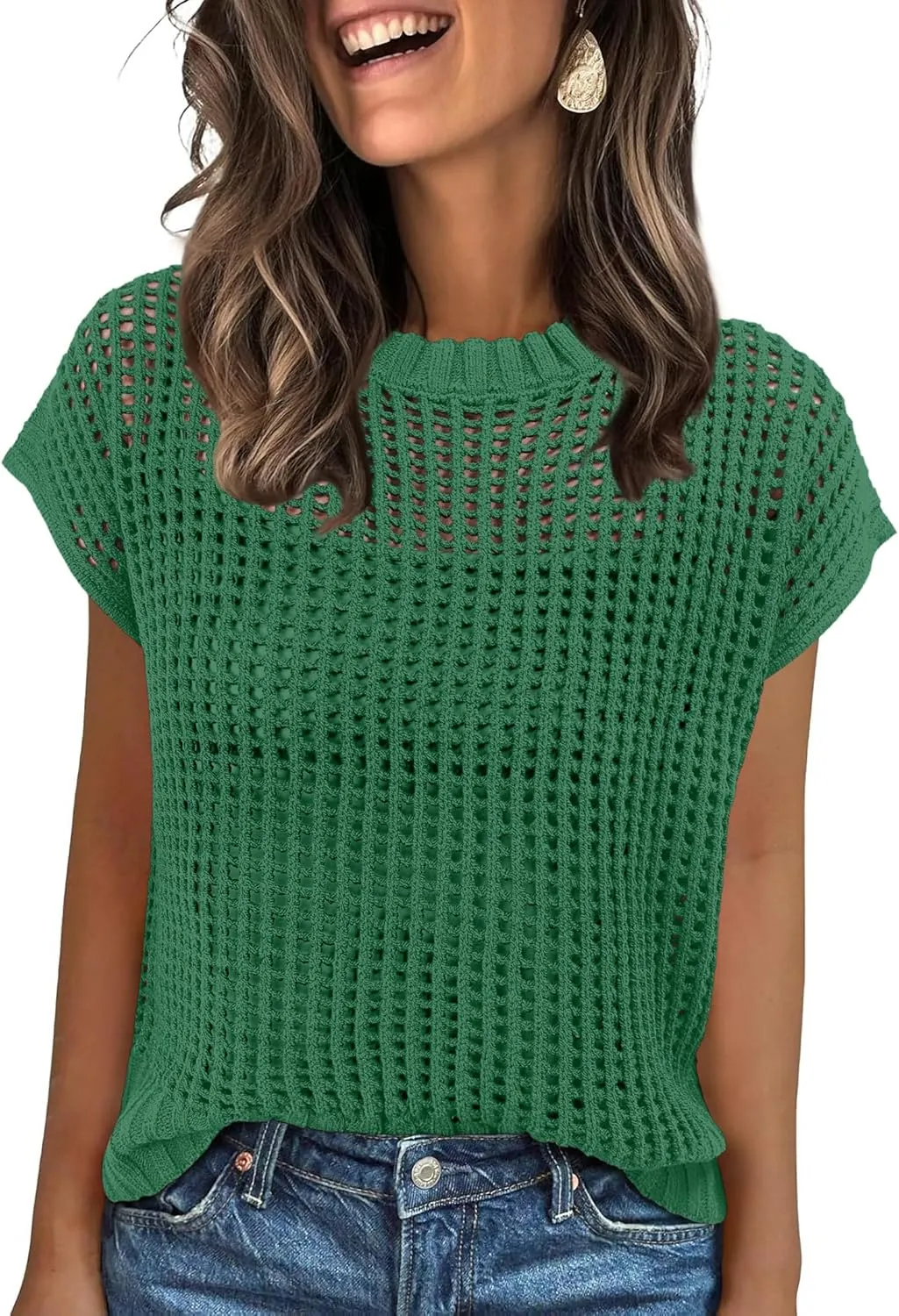 ANRABESS Womens Summer Crochet Sweater Tops Casual Cap Short Sleeve Hollow Out Mesh Knit Beach Cover Up Shirts 2025 Spring