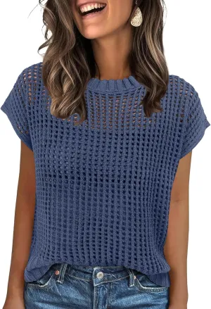 ANRABESS Womens Summer Crochet Sweater Tops Casual Cap Short Sleeve Hollow Out Mesh Knit Beach Cover Up Shirts 2025 Spring