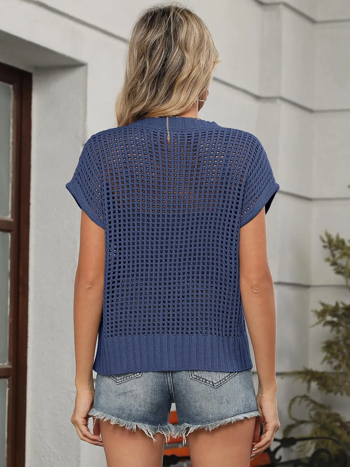 ANRABESS Womens Summer Crochet Sweater Tops Casual Cap Short Sleeve Hollow Out Mesh Knit Beach Cover Up Shirts 2025 Spring
