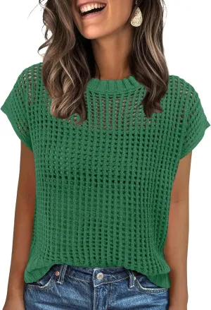 ANRABESS Womens Summer Crochet Sweater Tops Casual Cap Short Sleeve Hollow Out Mesh Knit Beach Cover Up Shirts 2025 Spring