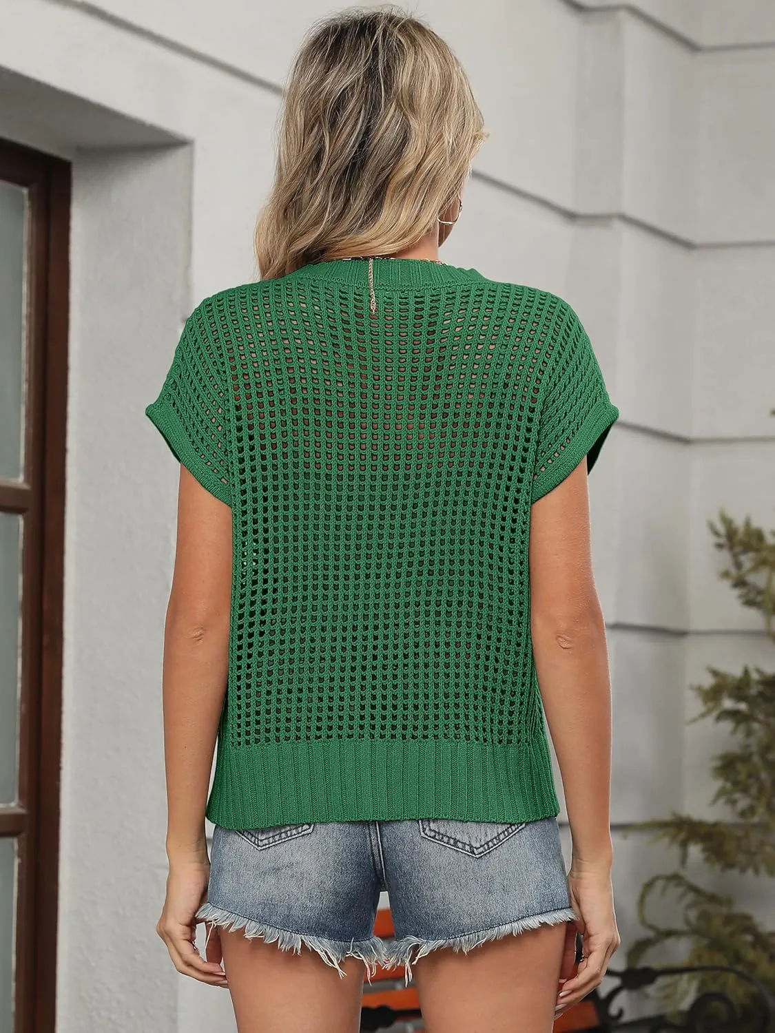 ANRABESS Womens Summer Crochet Sweater Tops Casual Cap Short Sleeve Hollow Out Mesh Knit Beach Cover Up Shirts 2025 Spring