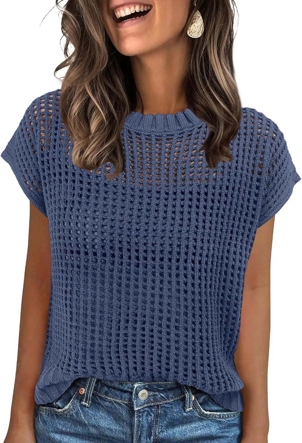 ANRABESS Womens Summer Crochet Sweater Tops Casual Cap Short Sleeve Hollow Out Mesh Knit Beach Cover Up Shirts 2025 Spring