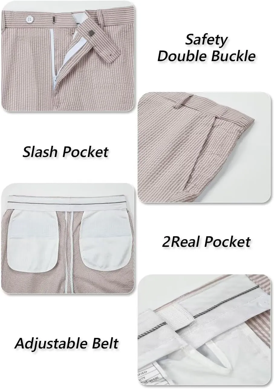 Aowdoy Blue Seersucker Suits 2 Piece Casual Summer Beach Men Suits Wedding Grooms Jacket Pants Striped Suit Set