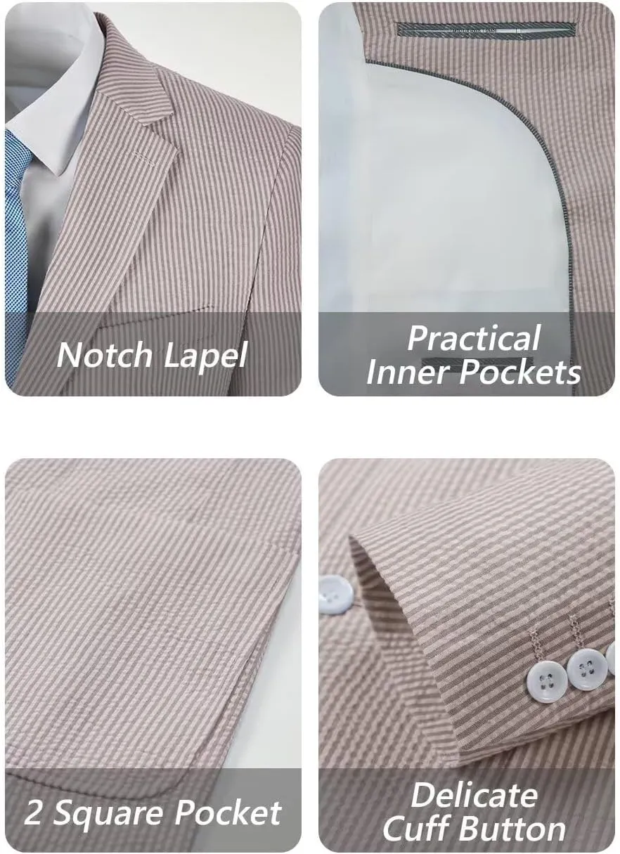 Aowdoy Blue Seersucker Suits 2 Piece Casual Summer Beach Men Suits Wedding Grooms Jacket Pants Striped Suit Set