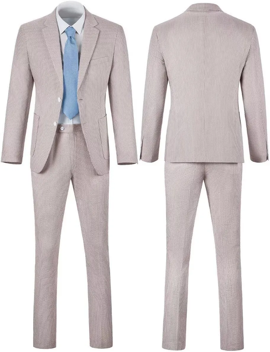 Aowdoy Blue Seersucker Suits 2 Piece Casual Summer Beach Men Suits Wedding Grooms Jacket Pants Striped Suit Set