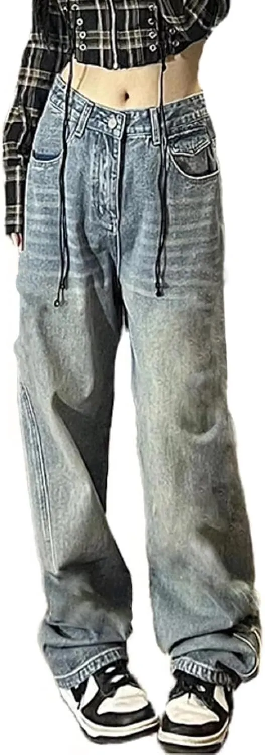 AULKEEP Womens Star Print Gradient Jeans Loose Ripped Graphic Pants Punk High Waist Bottom Jeans with Pocket