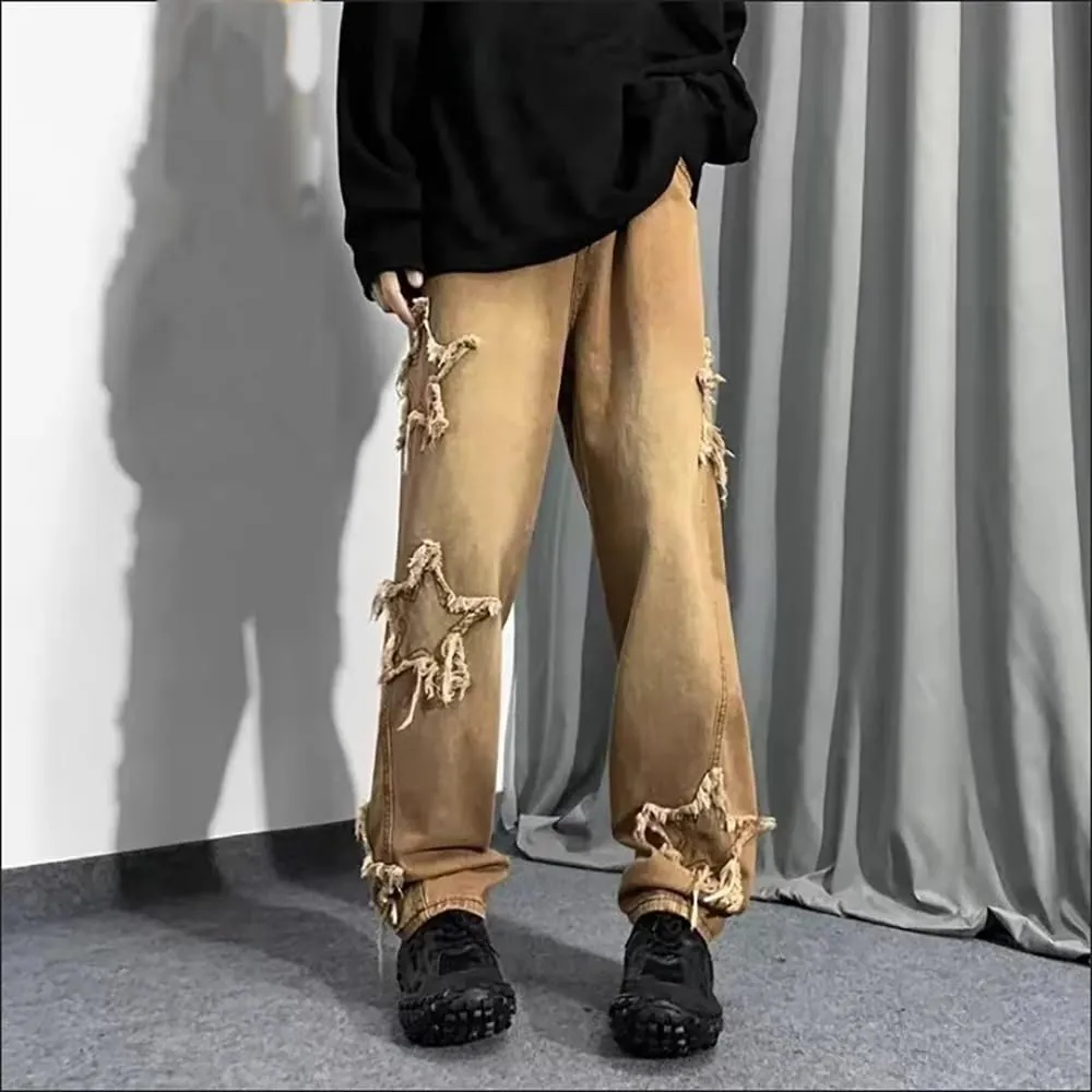 AULKEEP Womens Star Print Gradient Jeans Loose Ripped Graphic Pants Punk High Waist Bottom Jeans with Pocket