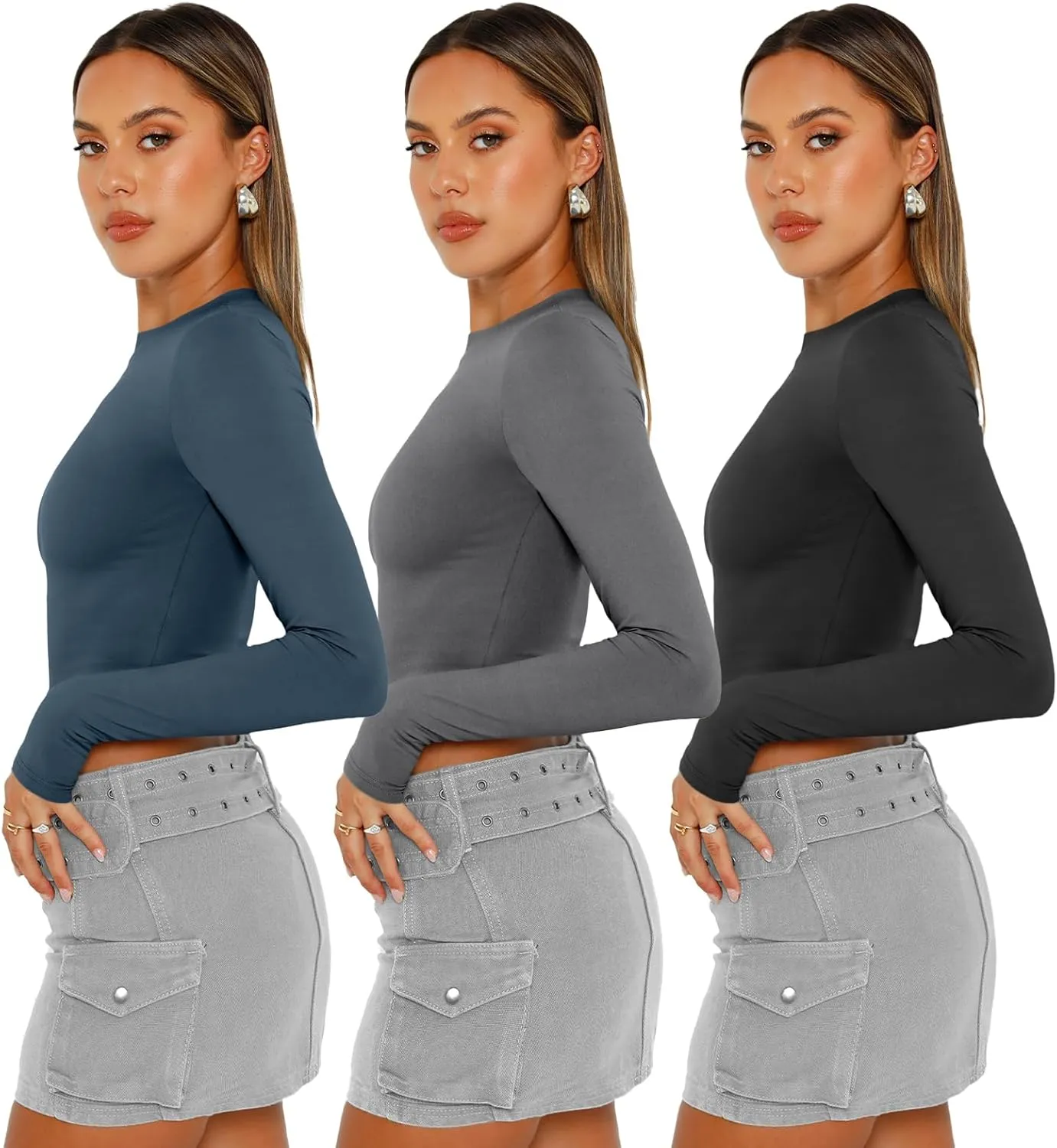 AUTOMET 3 Pack Womens Long Sleeve Shirts Y2K Going Out Crop Tops Cute Basic Slim Fitted Fall Fashion Outfits 2025 Clothes