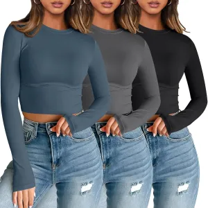 AUTOMET 3 Pack Womens Long Sleeve Shirts Y2K Going Out Crop Tops Cute Basic Slim Fitted Fall Fashion Outfits 2025 Clothes