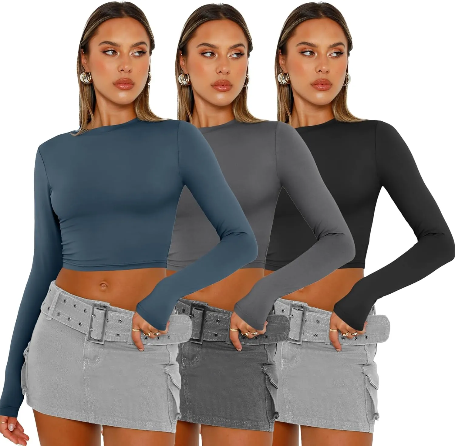 AUTOMET 3 Pack Womens Long Sleeve Shirts Y2K Going Out Crop Tops Cute Basic Slim Fitted Fall Fashion Outfits 2025 Clothes