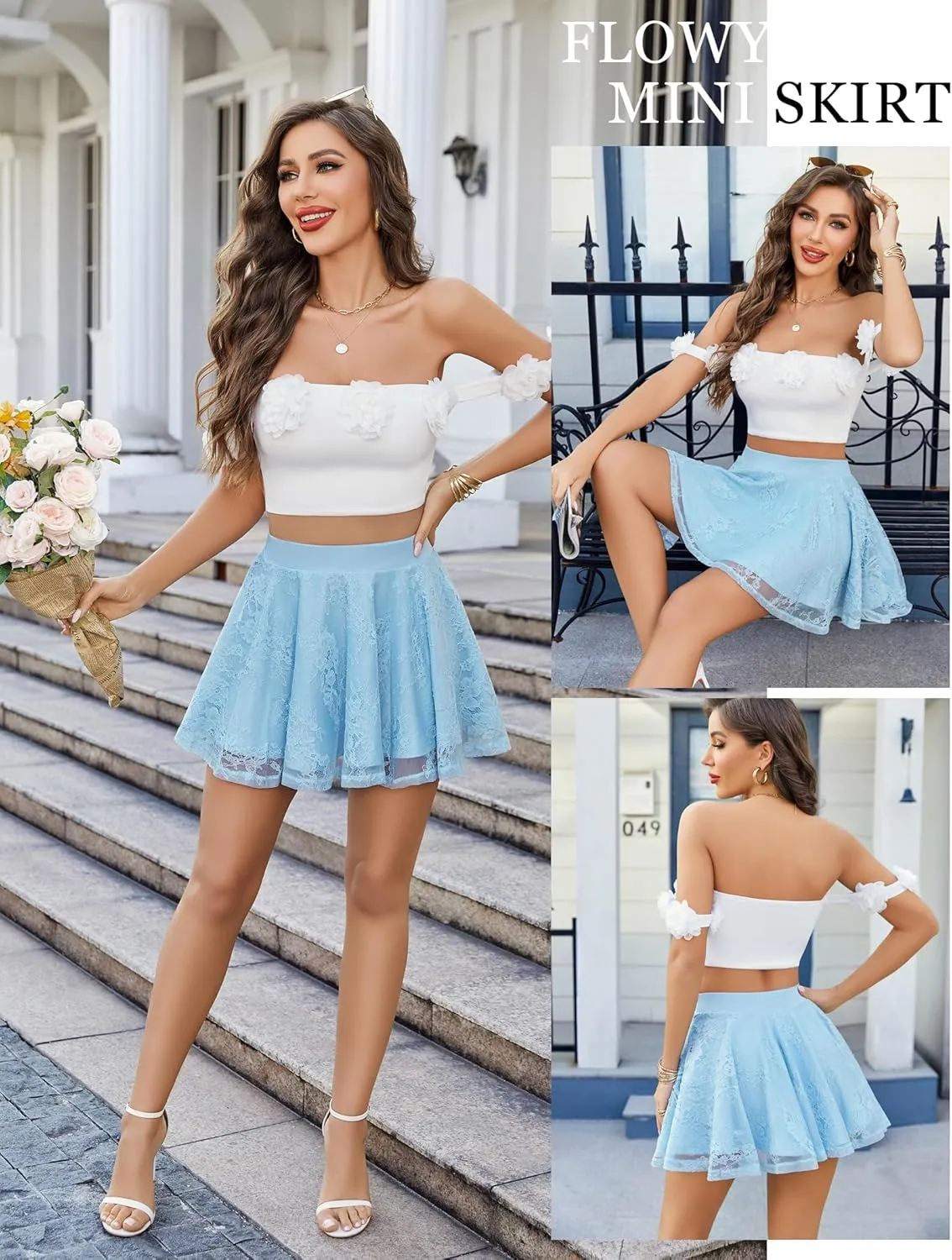Avidlove Skirts for Women Lace Pleated Ruffles Skater Skirt Elastic Waistband Sexy Basic Stretchy Flared Casual Mini Skirt