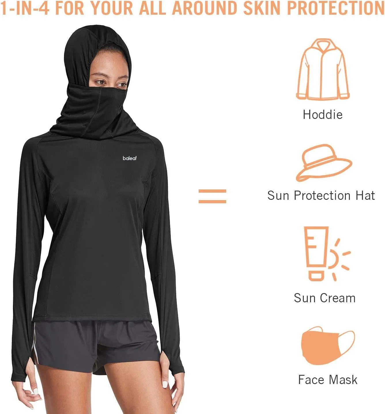 baleaf Women's Long Sleeve Rash Guard with Face Cover UPF 50  Swim Shirts Sun Hoddie Lightweight Quick Dry Hiking Tops
