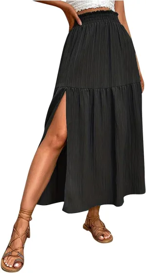 Beach Maxi Skirt for Women Summer Elastic Waist Pleated Casual Solid Color Skirt Elegant Textured Side Slit Skirt