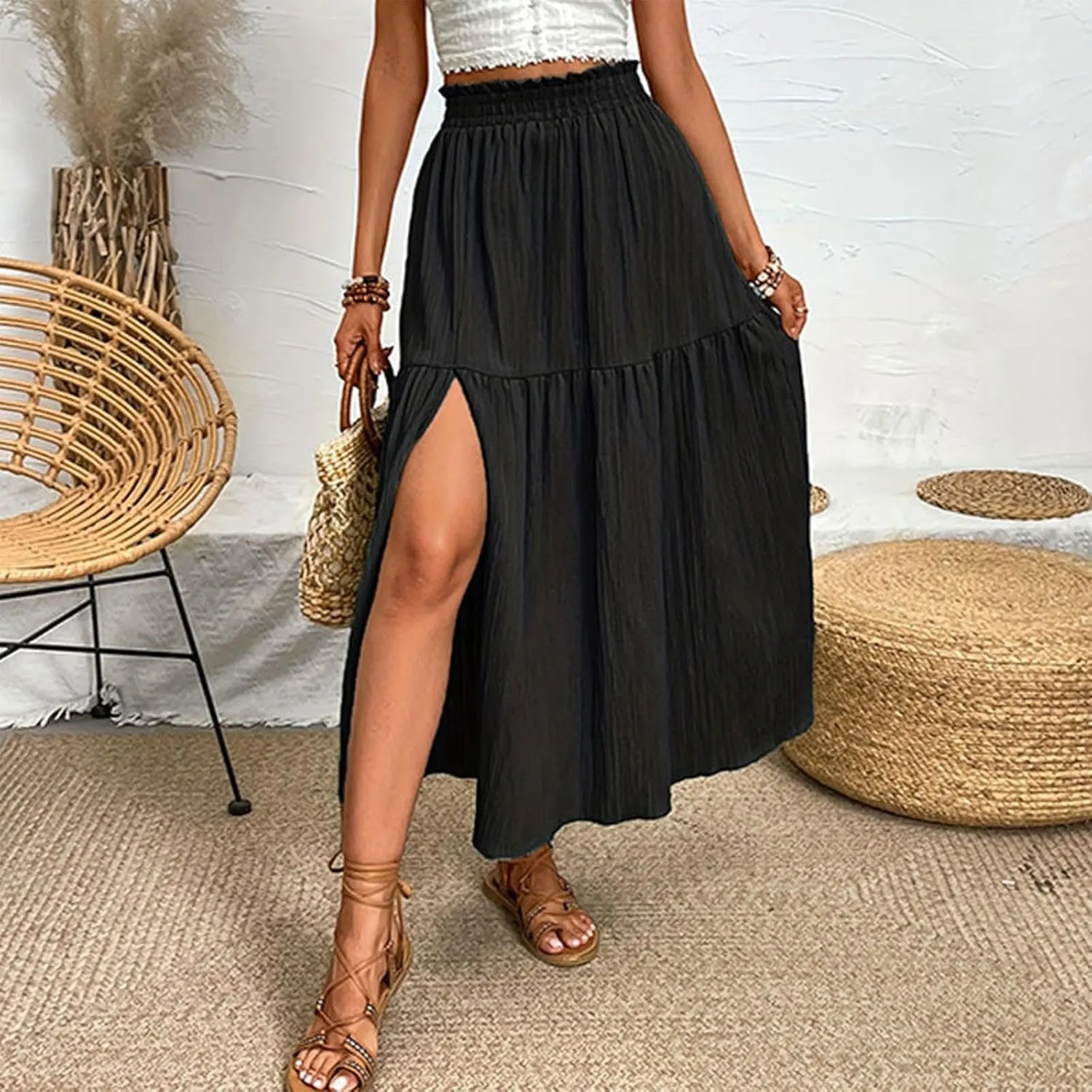 Beach Maxi Skirt for Women Summer Elastic Waist Pleated Casual Solid Color Skirt Elegant Textured Side Slit Skirt